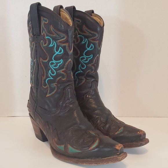 Corral Shoes - Corral Leather Brown/Teal Cowgirl Boots R2501